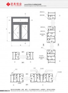 Dibujo estructural de la ventana abatible con apertura interior Serie JM50